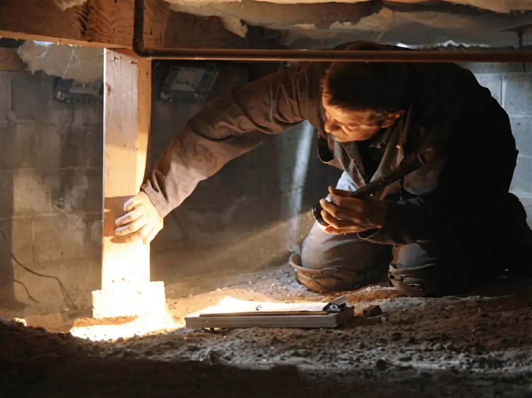 A professional inspecting wooden beams under the floor of a structure in Richmond, VA